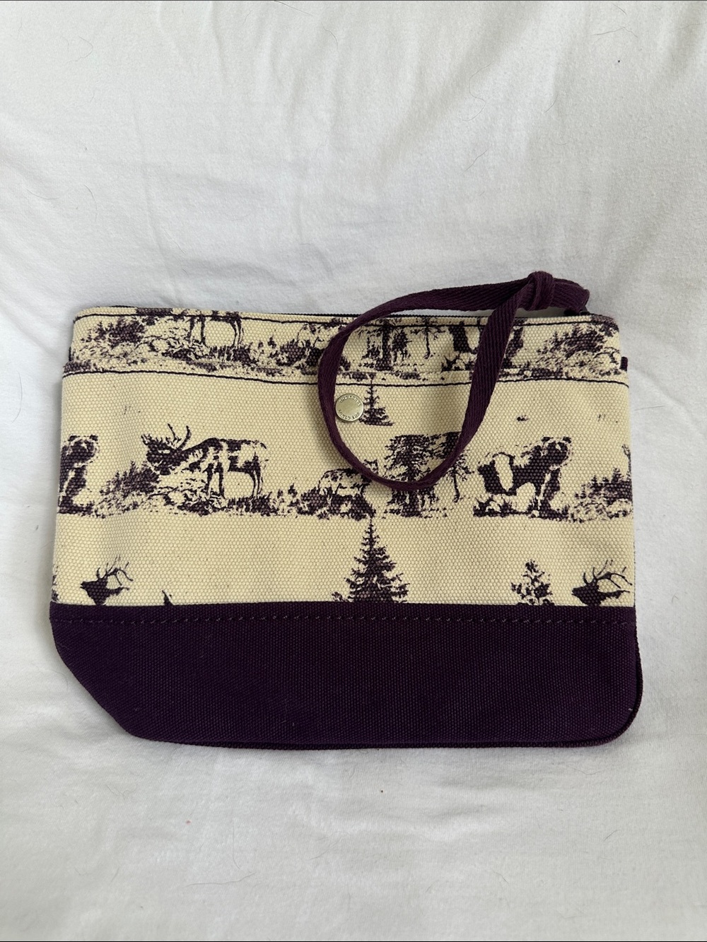 Lands’ End Canvas Wristlet Pouch Woodland Toile in Cream and Deep Purple